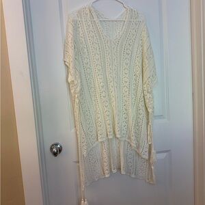 OS crocheted feminine and flirty high/low bathing suit cover, adjustable strings
